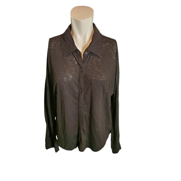 Stateside Supima Cotton Slub Shirt Top Sheer Jersey Button Down Top Black Sz L - Picture 1 of 5